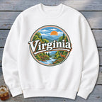 White sweatshirt with a circular graphic featuring "Virginia" and a mountain landscape with a deer.