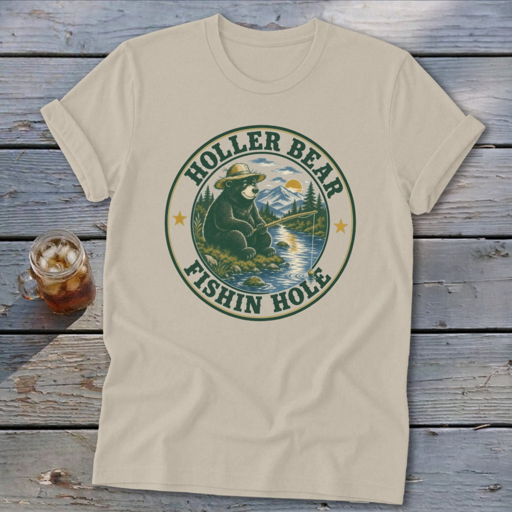 T-shirt graphic of a bear fishing with text "Holler Bear Fishin Hole" in a circle.