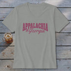 Gray v-neck t-shirt with pink "APPALACHIA #Georgia" text graphic.