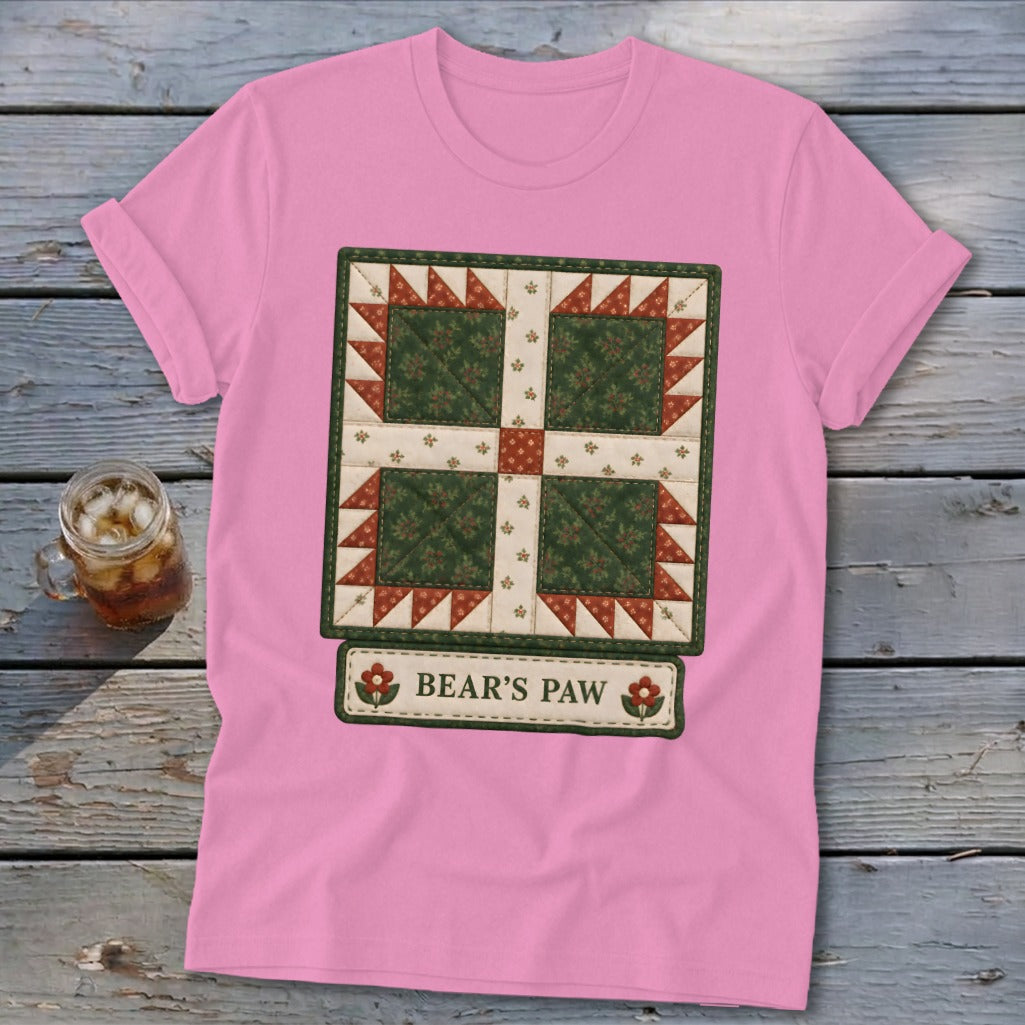 Pink t-shirt with a square quilt block design and "Bear's Paw" text.