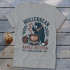 Hollerbear Apple Butter Season graphic on a light grey t-shirt.