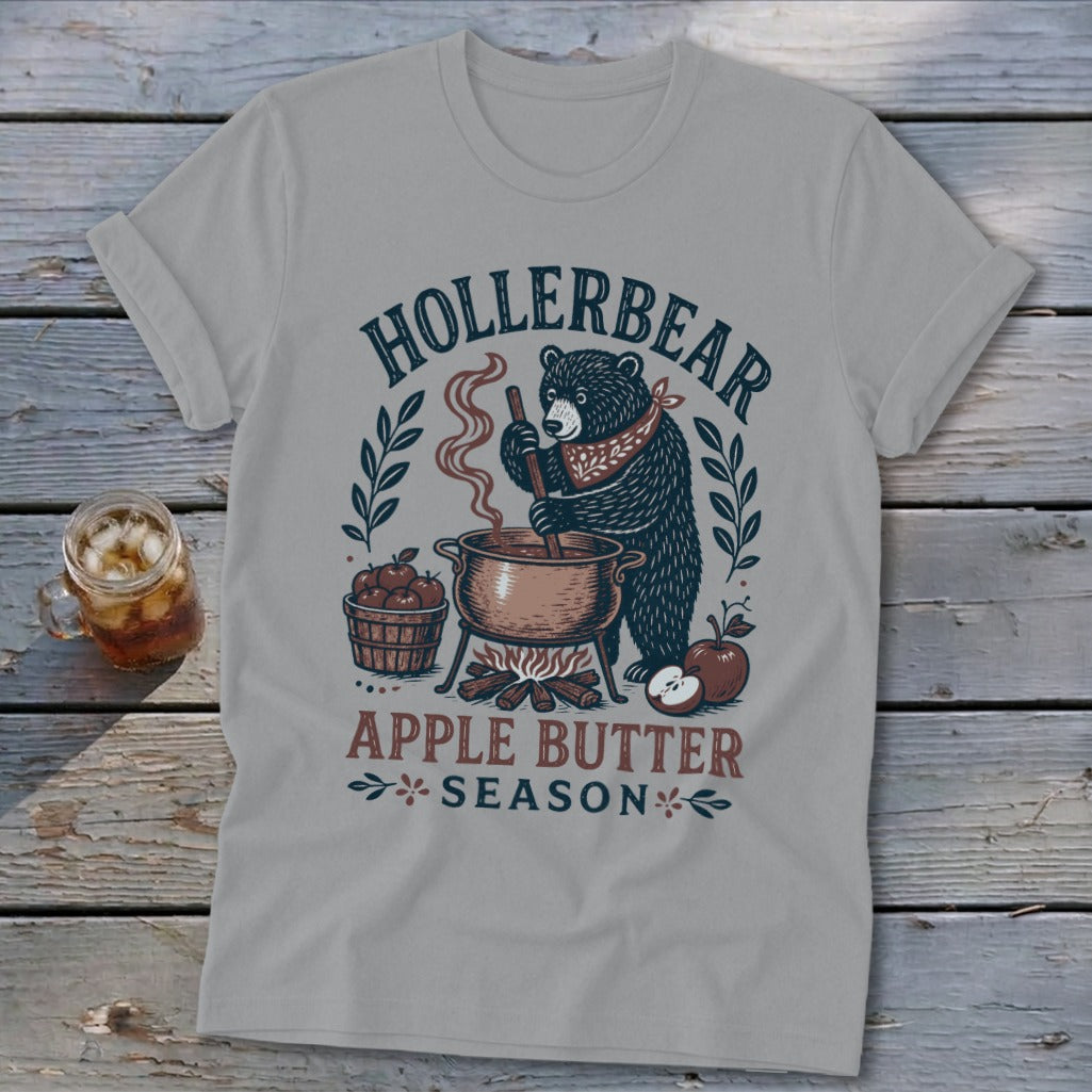 Hollerbear Apple Butter Season graphic on a light grey t-shirt.