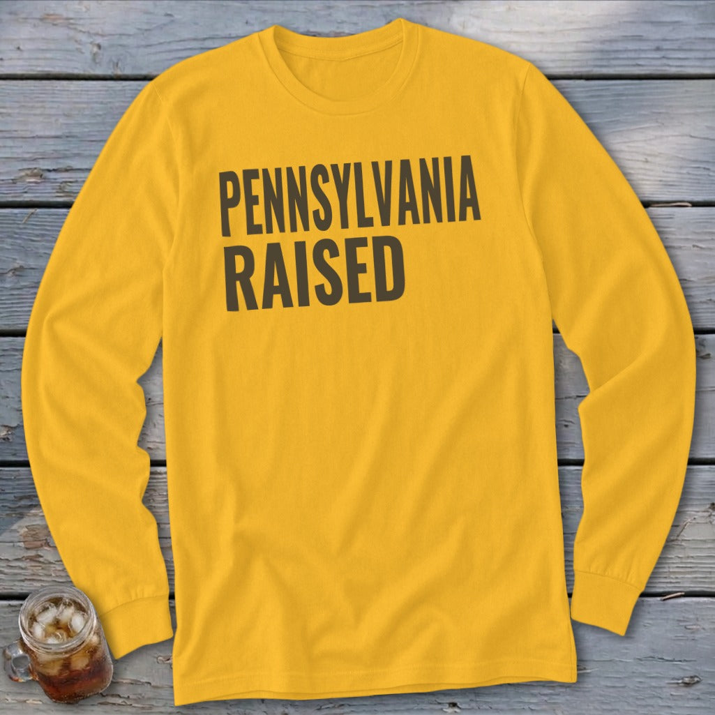 Yellow long-sleeved shirt with "PENNSYLVANIA RAISED" in bold black text.