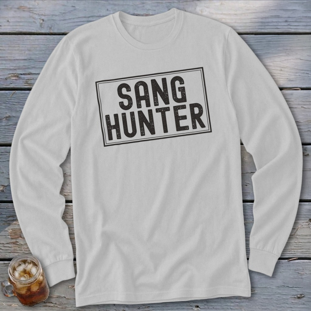 White long sleeve t-shirt with "SANG HUNTER" text in a distressed rectangle.