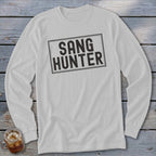 White long sleeve t-shirt with "SANG HUNTER" text in a distressed rectangle.
