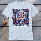 White t-shirt with a ghost in a spooky forest and text "The Haints Ain't Left".