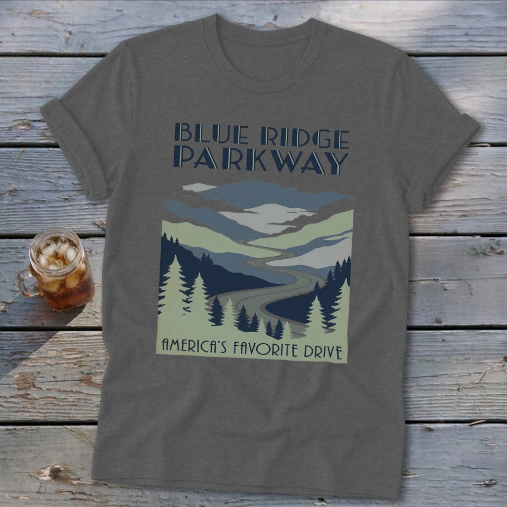 Dark grey t-shirt featuring a Blue Ridge Parkway graphic with mountains, winding road, and pine trees.