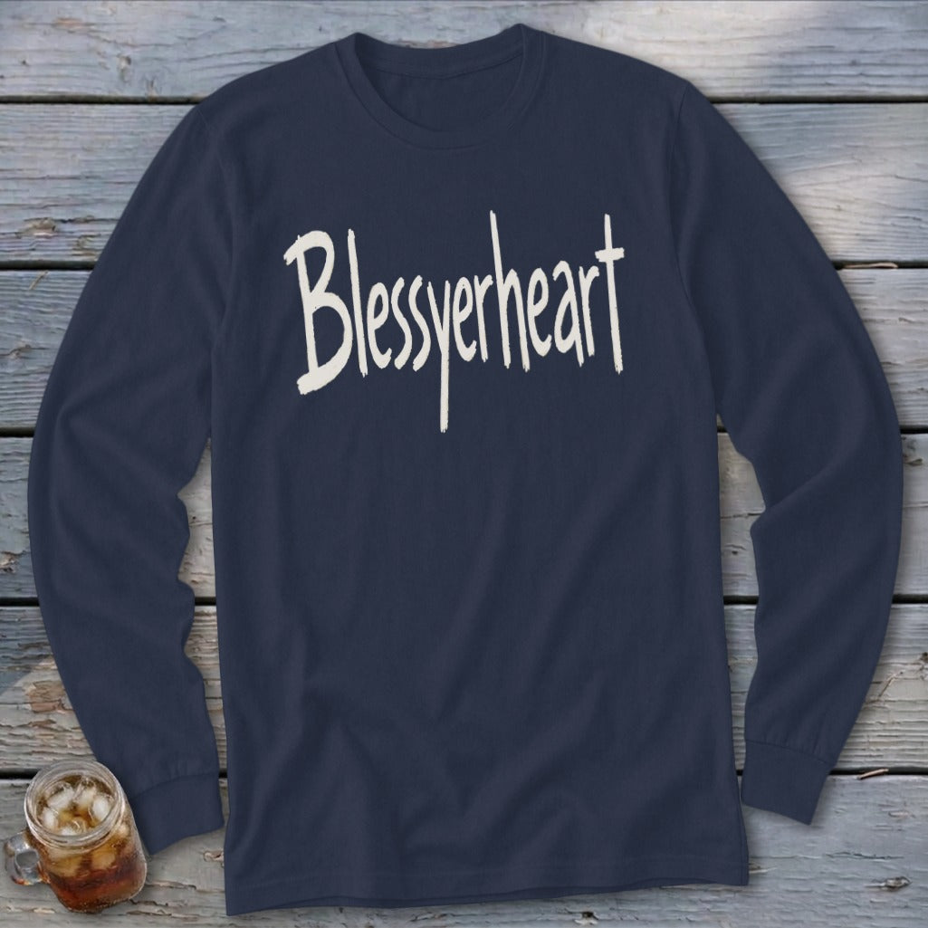 Navy long-sleeve shirt with "Blessyerheart" text in white handwritten font.