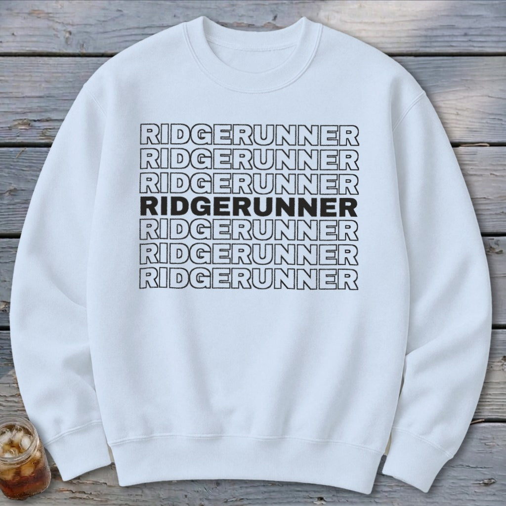 White sweatshirt with repeating "RIDGERUNNER" text in black, one line bolded.
