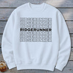 White sweatshirt with repeating "RIDGERUNNER" text in black, one line bolded.