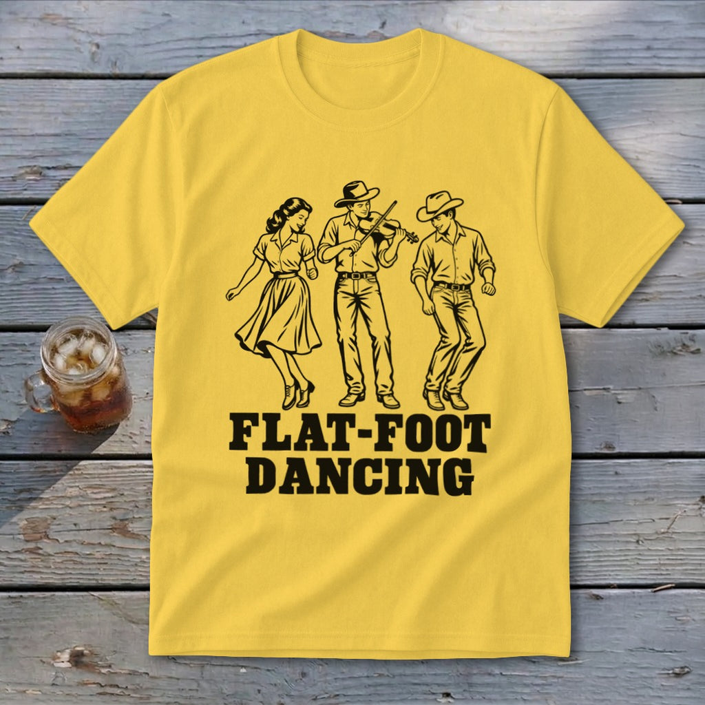 Yellow t-shirt with black graphic of three people flat-foot dancing and text "FLAT-FOOT DANCING".