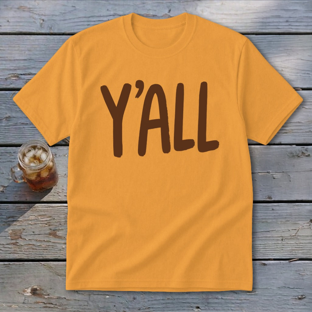 Orange t-shirt with brown "Y'ALL" text and a glass of iced tea.