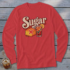 A red long-sleeve t-shirt features a graphic with the word Sugar, cornbread marked with a red X, and a glass of iced tea marked with a green checkmark.