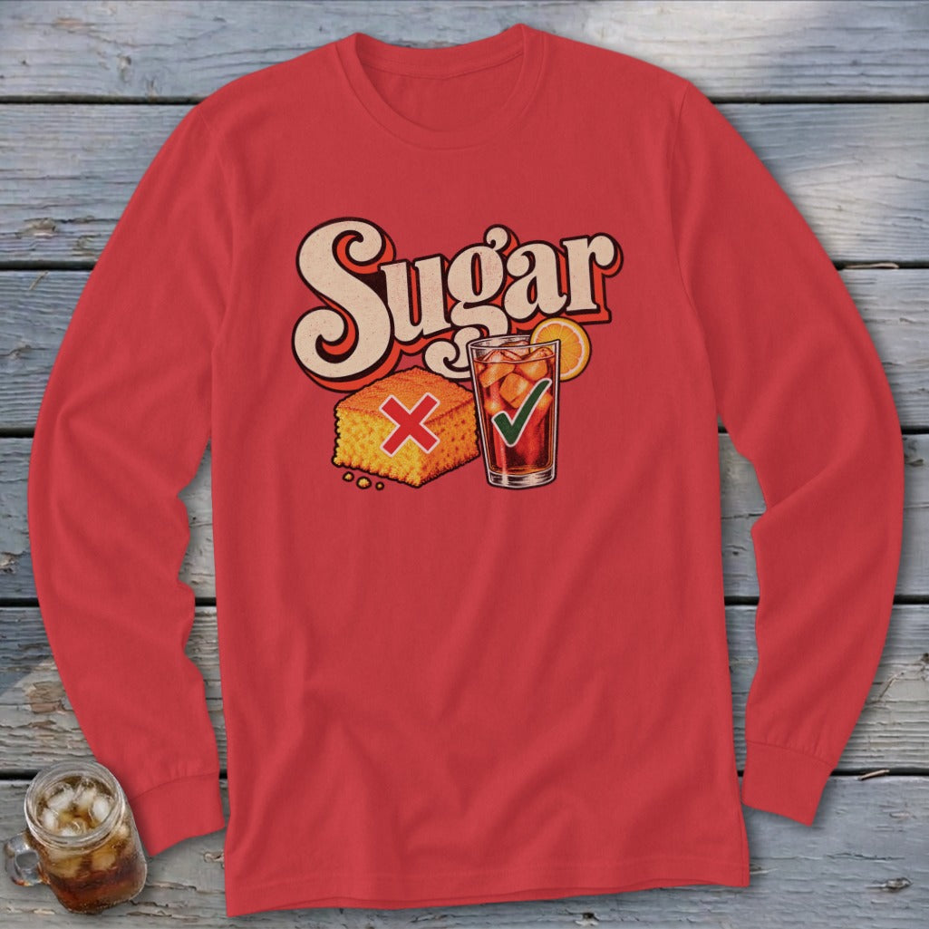 A red long-sleeve t-shirt features a graphic with the word Sugar, cornbread marked with a red X, and a glass of iced tea marked with a green checkmark.