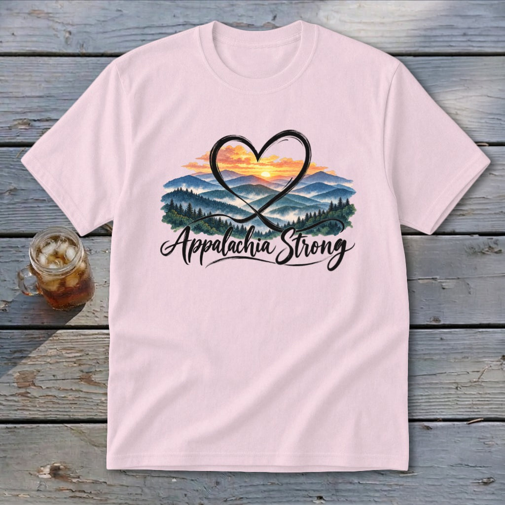 Pink t-shirt with heart and mountain sunset graphic and "Appalachia Strong" text.