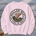 Pink sweatshirt with circular graphic featuring mountains, no wifi symbol, and text "Holler Wifi No Signal, No Problem."