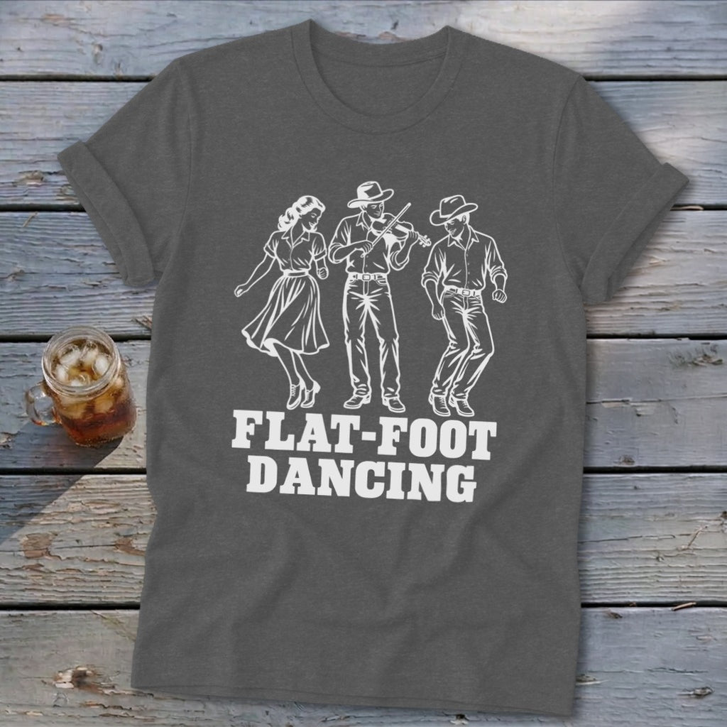 Dark grey t-shirt with white graphic of three figures dancing and "FLAT-FOOT DANCING" text.