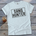 White t-shirt with "SANG HUNTER" printed in a black rectangle.