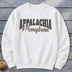 White sweatshirt with "APPALACHIA #Pennsylvania" text in dark gray.