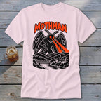 Mothman graphic tee with orange text and red laser eyes over a landscape.
