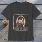 Dark grey v-neck t-shirt with vintage lantern graphic and "BUILT TO LAST" text.