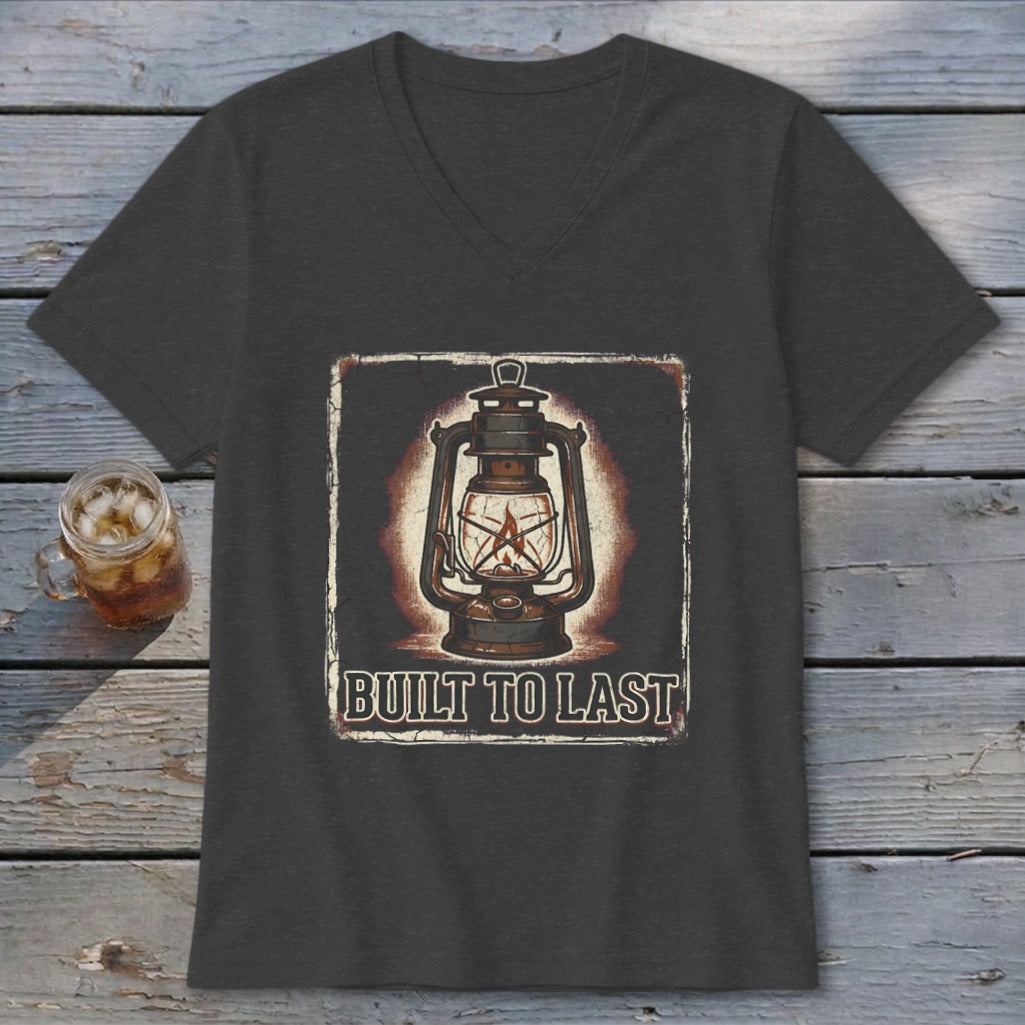 Dark grey v-neck t-shirt with vintage lantern graphic and "BUILT TO LAST" text.