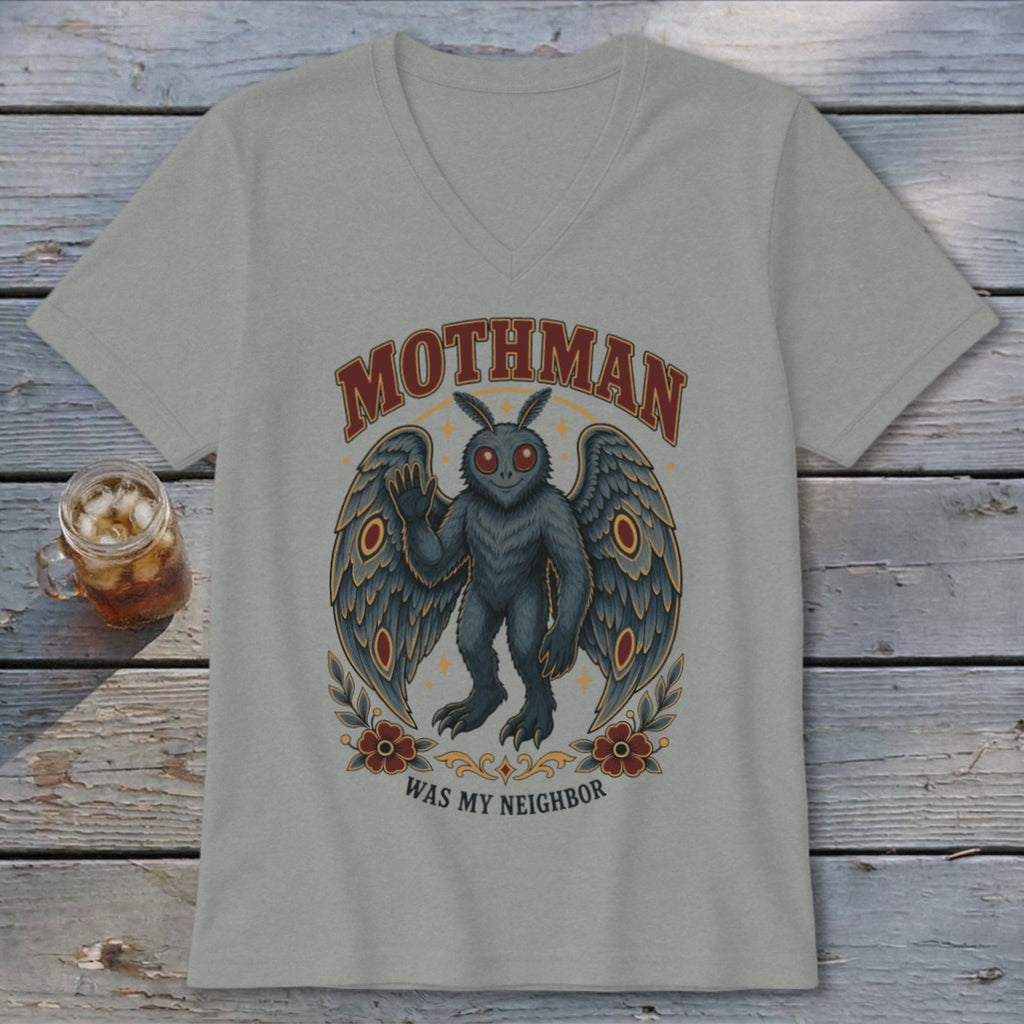 Mothman graphic with wings, red eyes, and text "Mothman Was My Neighbor".