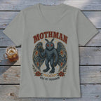 Mothman graphic with wings, red eyes, and text "Mothman Was My Neighbor".