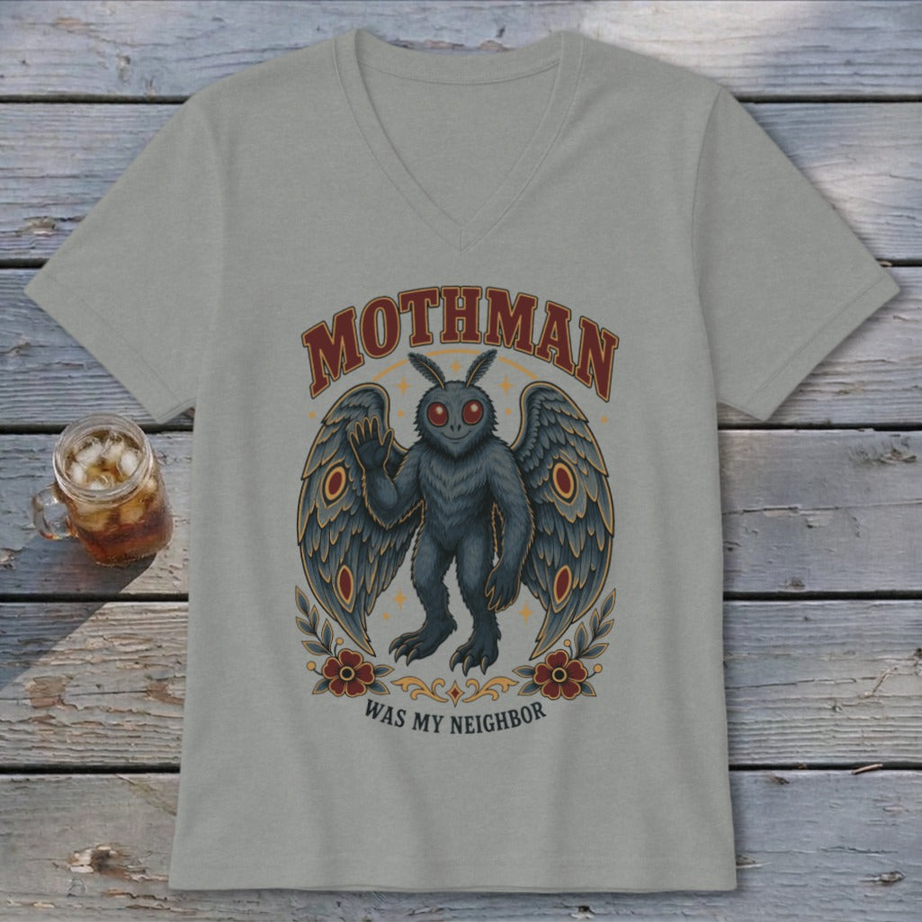 Mothman graphic with wings, red eyes, and text "Mothman Was My Neighbor".