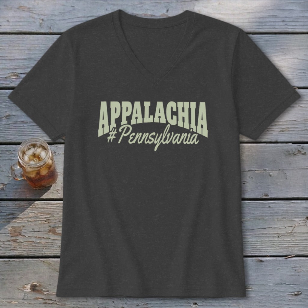 Dark gray v-neck t-shirt with "APPALACHIA #Pennsylvania" printed on the front.