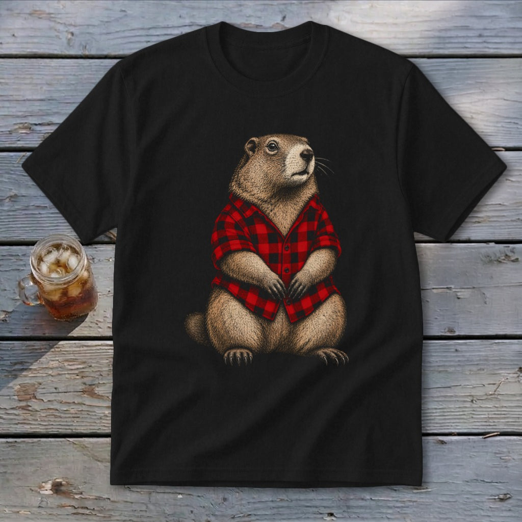 Black t-shirt with a drawing of a groundhog wearing a red and black plaid shirt.