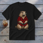 Black t-shirt with a drawing of a groundhog wearing a red and black plaid shirt.