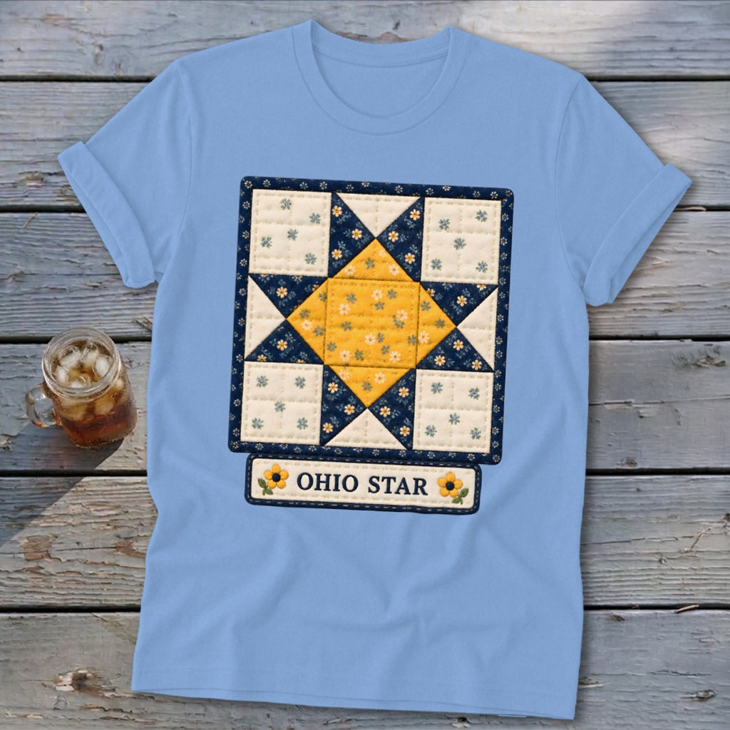 Light blue t-shirt with a quilt block design and "OHIO STAR" text.