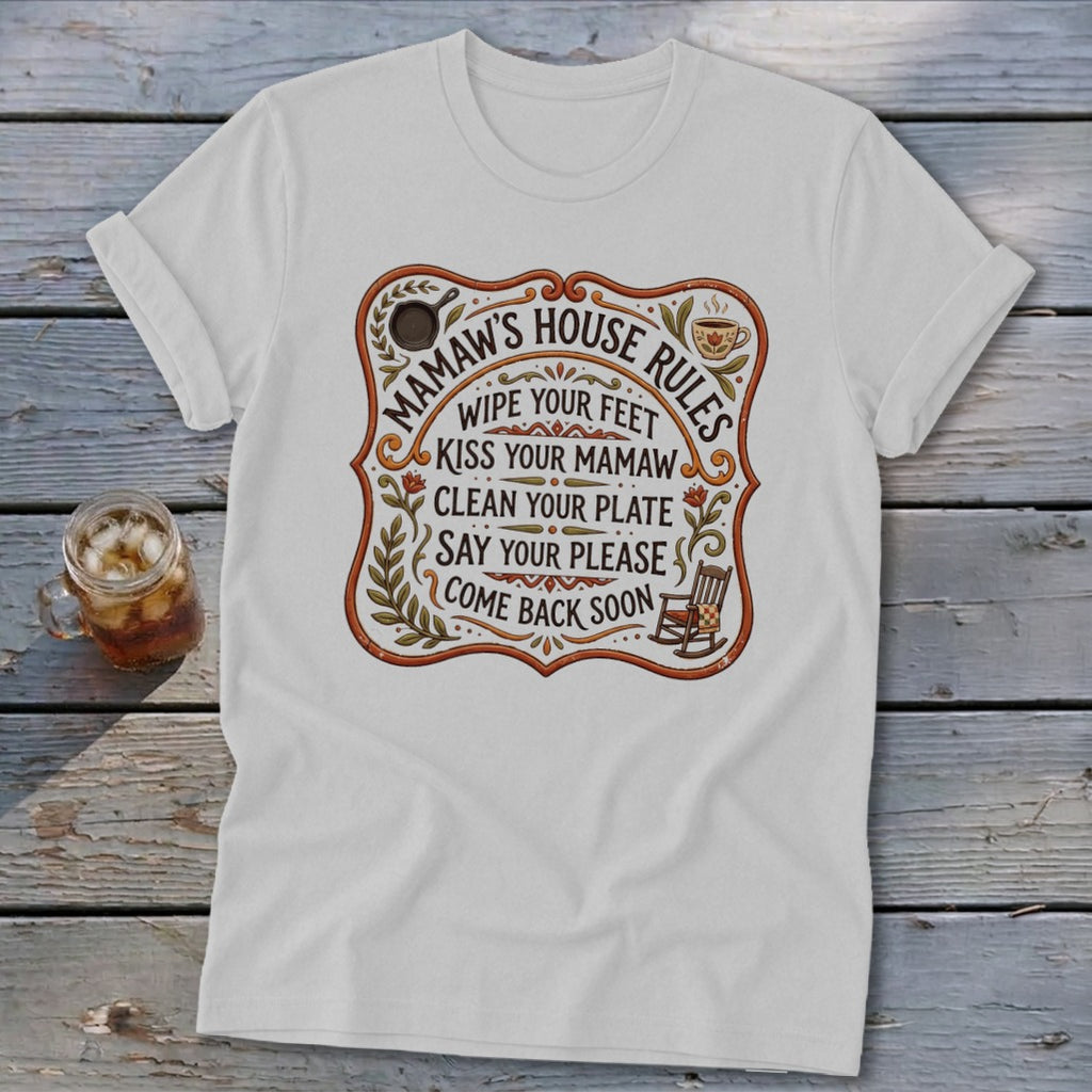 White t-shirt with "Mamaw's House Rules" text and illustrations.
