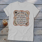 White t-shirt with "Mamaw's House Rules" text and illustrations.