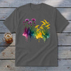Dark grey t-shirt with watercolor floral design of purple and yellow flowers.