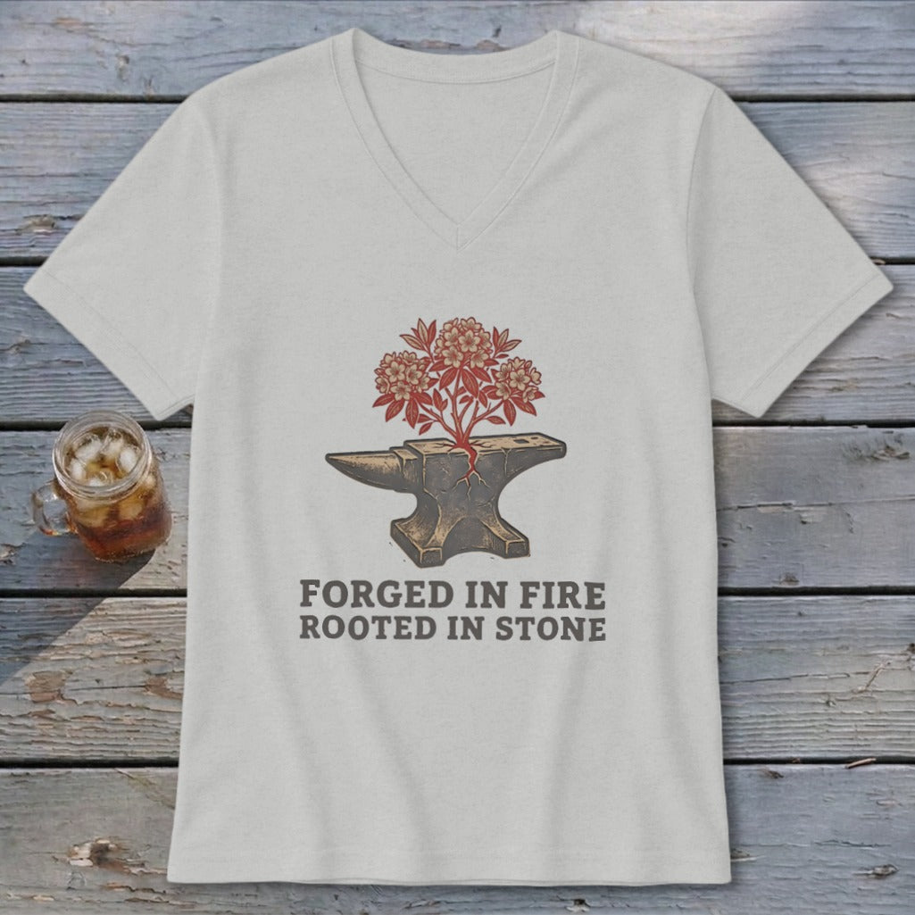 T-shirt with anvil, flowers, and text "FORGED IN FIRE ROOTED IN STONE".