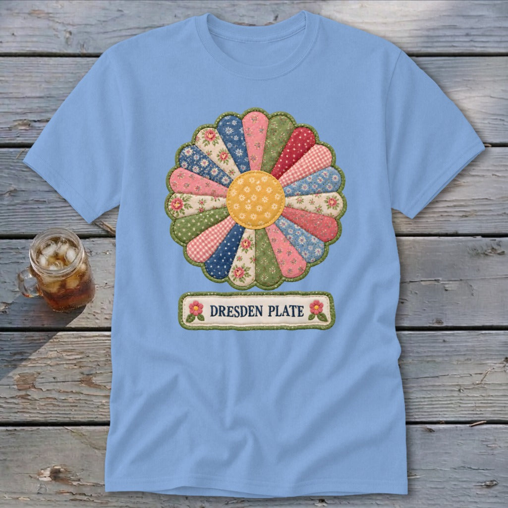 Light blue t-shirt with a Dresden Plate quilt flower graphic and "DRESDEN PLATE" text.
