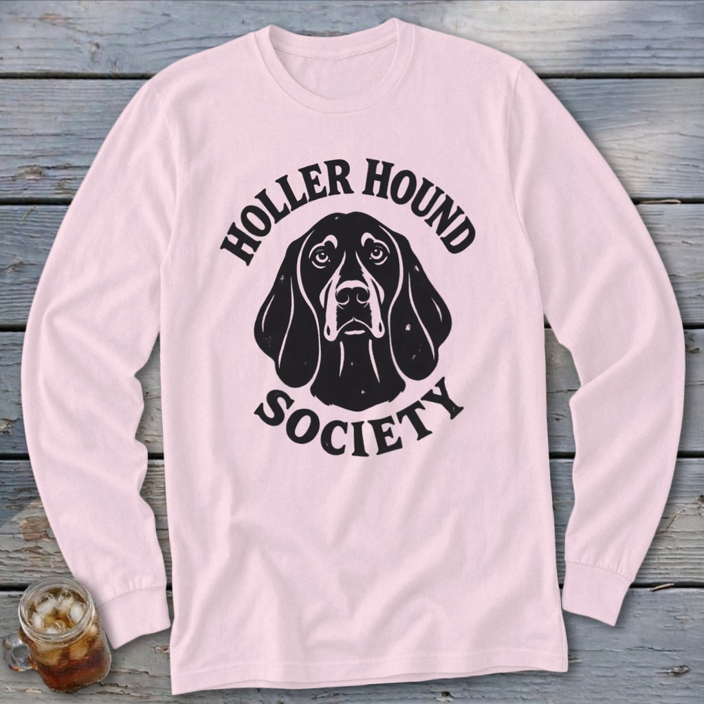 Pink long sleeve shirt with black Holler Hound Society dog graphic.
