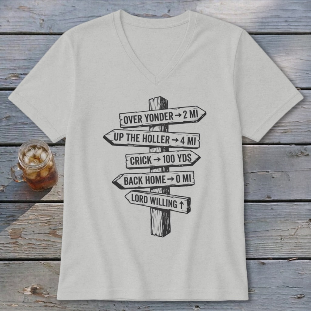 Light gray V-neck t-shirt featuring a black graphic of a wooden signpost with humorous distance directions.