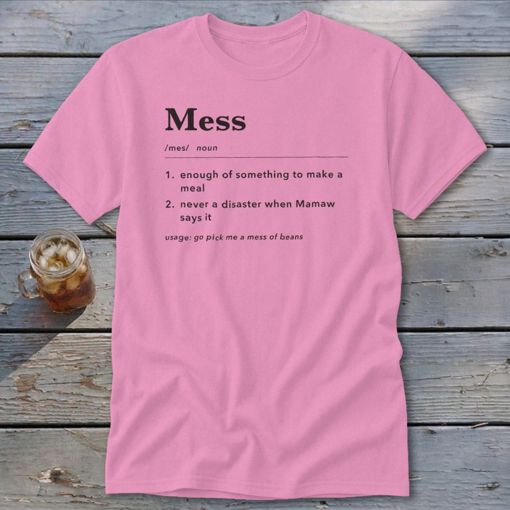 Pink t-shirt with dictionary definition of "Mess" and usage example.