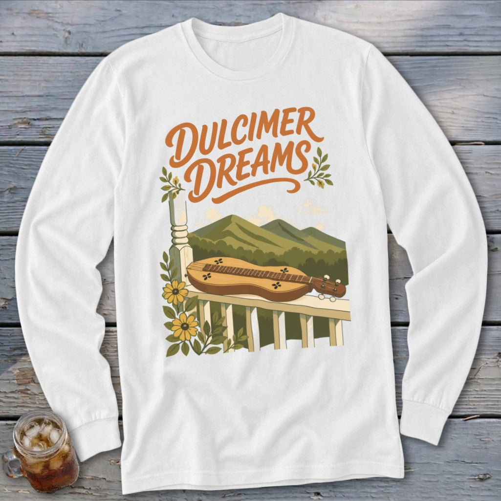 White long sleeve shirt with "Dulcimer Dreams" text, dulcimer, and mountains.