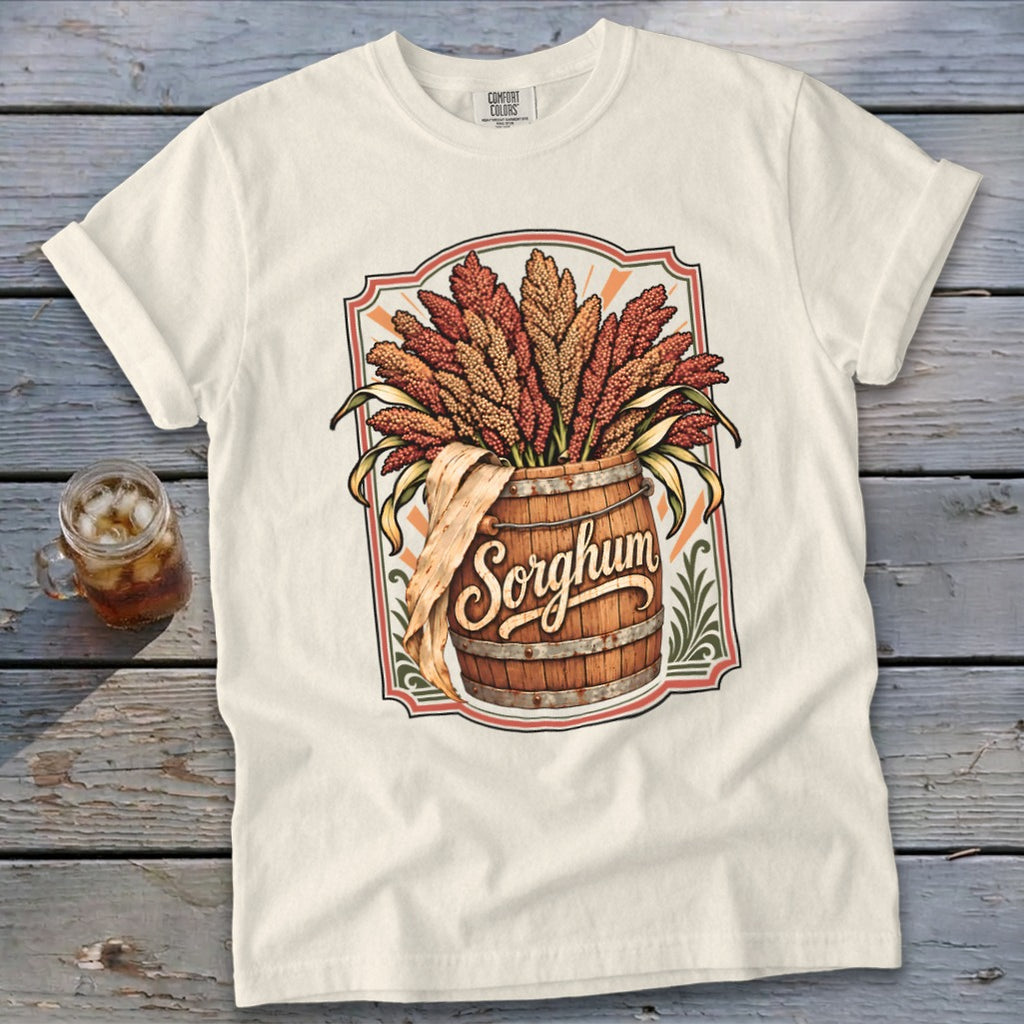 Cream t-shirt with "Sorghum" text on a barrel of grain illustration.