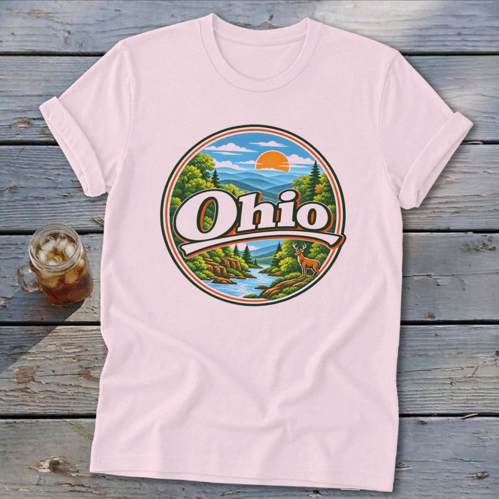 Pink t-shirt with a circular Ohio graphic featuring a deer and landscape.