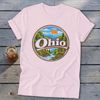 Pink t-shirt with a circular Ohio graphic featuring a deer and landscape.