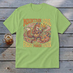 Light green t-shirt with a stylized fox playing guitar and text "Mountain Soul and Front Porch Pickin".