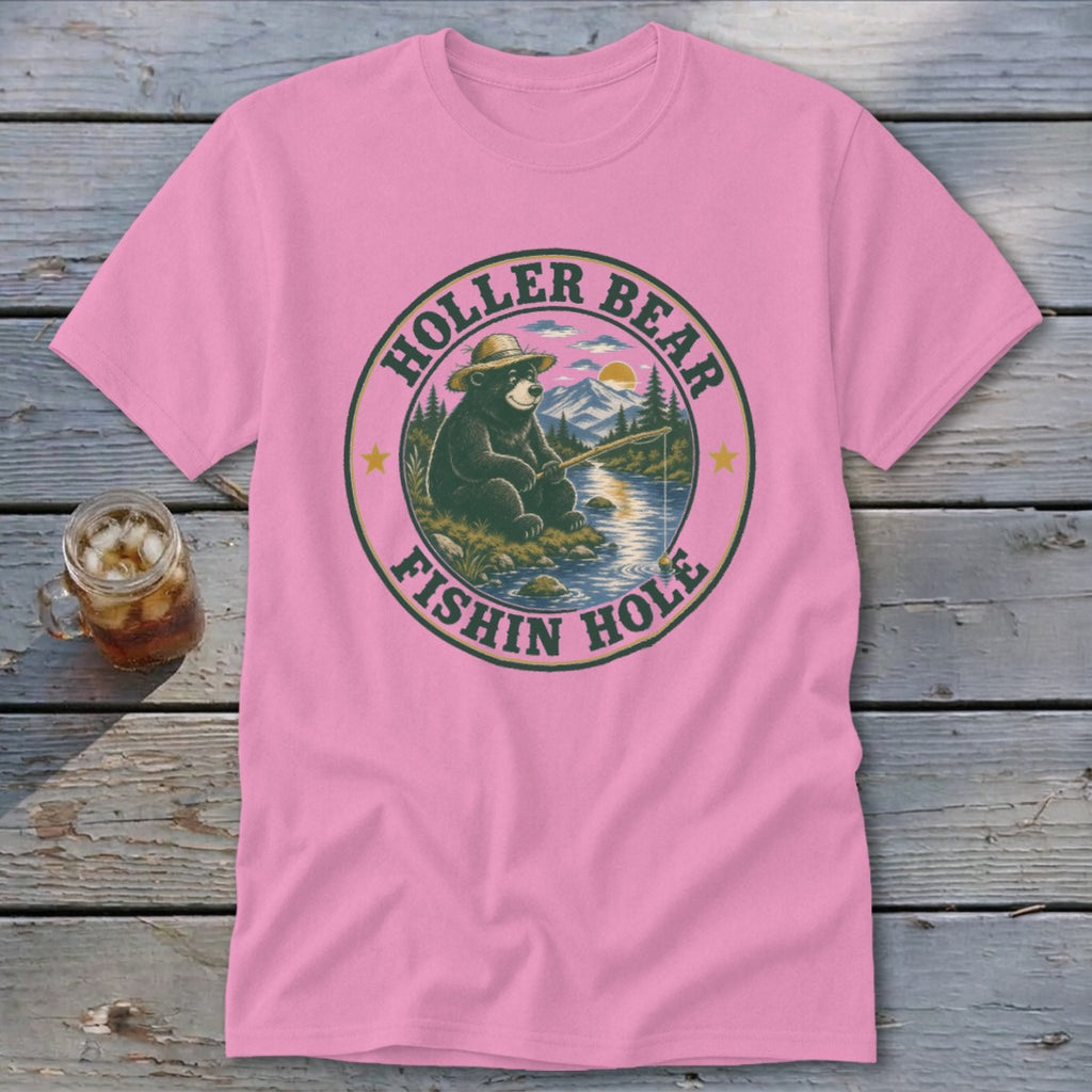 Pink t-shirt with a circular graphic of a bear fishing, text "HOLLER BEAR" and "FISHIN HOLE".