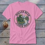 Pink t-shirt with a circular graphic of a bear fishing, text "HOLLER BEAR" and "FISHIN HOLE".
