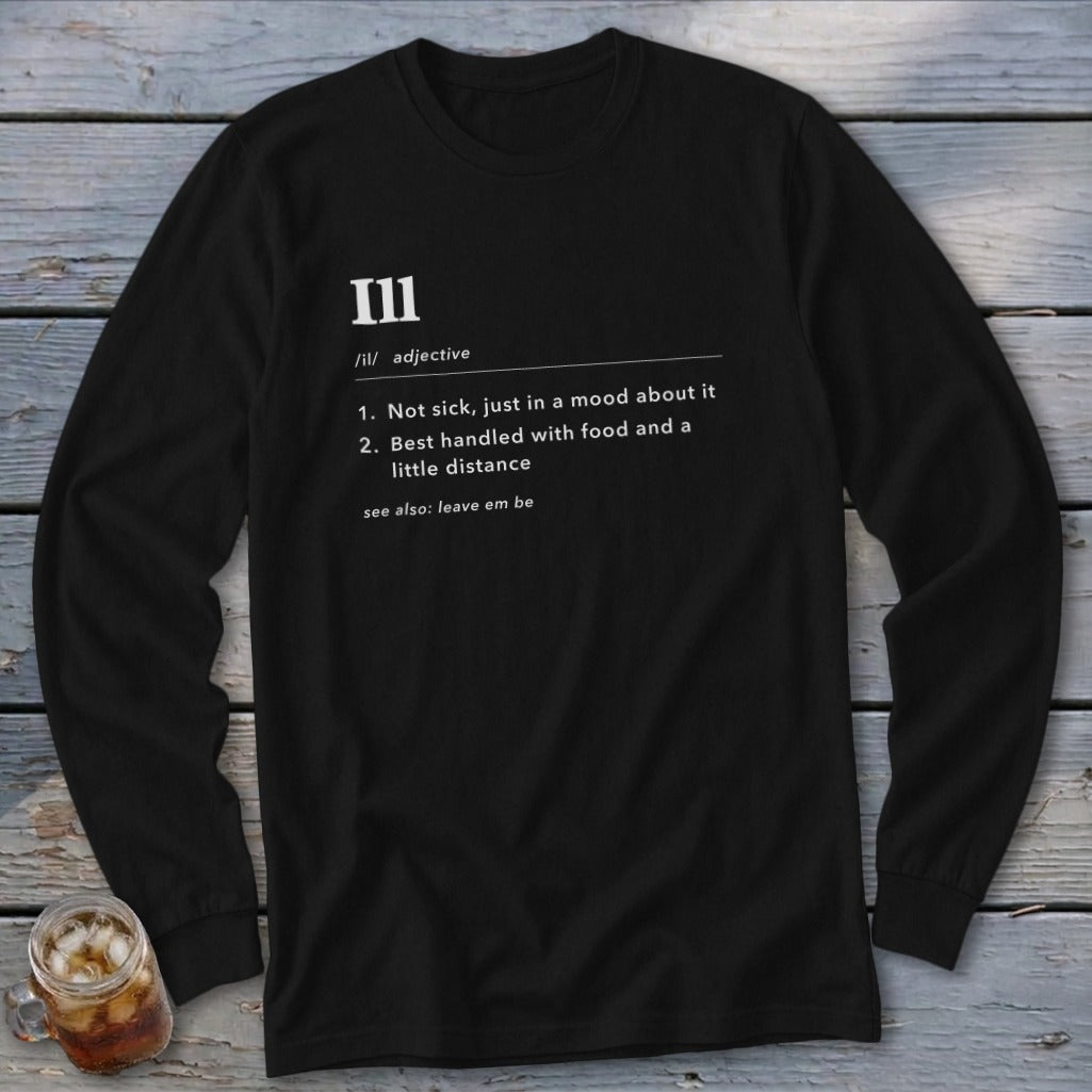 Black long-sleeved shirt with "III" and its definitions printed in white text.