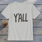 Light grey v-neck t-shirt with "Y'ALL" in dark grey text.